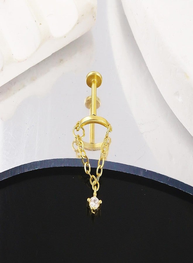 Xeyau 2PC Small Helix Piercing Earrings for Women Gold Silver Titanium Flat Back Earring Dangle Hidden Helix Earring Hypoallergenic Cartilage Diamond Jewelry (A-Gold) - Image 5